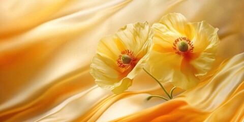 A serene image of two yellow flowers against a soft, flowing fabric background.