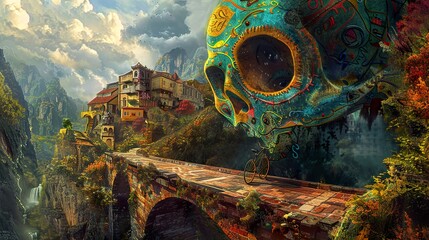 Surreal Landscape with a Giant Skull and a Village