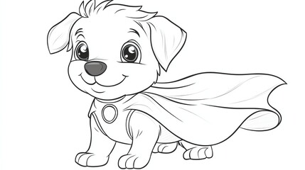 A black and white drawing of a cute cartoon puppy wearing a cape.