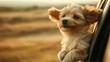 © Napasnan - A puppy looking out of a car window, ears flapping in the wind and a happy, carefree expression on its face
