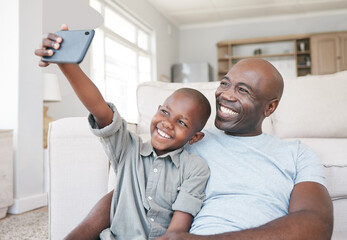 Canvas Print - Black people, dad and happy with boy on selfie at home on floor for social media, memories and profile picture. Family, parent and smile with kid in living room for bonding, support and childcare