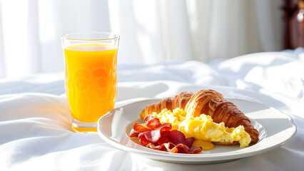 Brunch with bread and drinks on white background