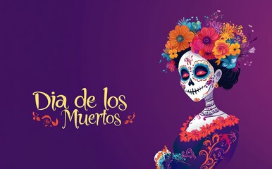 Wall Mural - La Catrina with flowers in the hair. Dia de los muertos festival party celebration concept on purple background. Woman with skull makeup and a floral costume. Mexican tradition and culture concept.