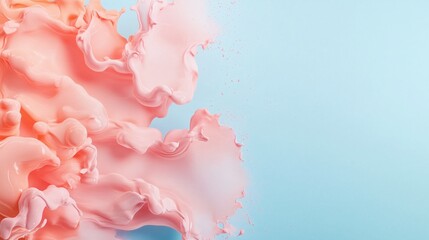 Poster - Swirls of pink and cream paint create a dynamic abstract composition against a light blue background in an artistic setting