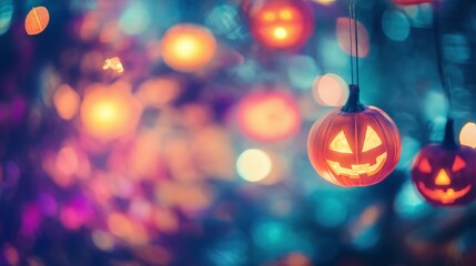 Wall Mural - halloween pumpkin pendant on a festive bright and colorful background with a side