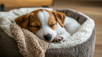 A sleepy puppy curled up in a small dog bed, with a cozy blanket draped over it, snuggled in for a nap