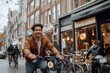 © Milos - A smiling man rides a bicycle through a bustling urban street, capturing a sense of joy and freedom amidst the busy city life and picturesque architecture.