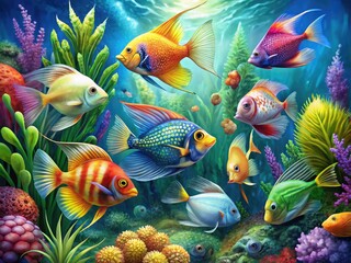 Wall Mural - Vibrant, hand-drawn illustration of various colorful aquarium fish, including angelfish, guppies, and neon tetras, swimming amidst seaweed and coral in a whimsical underwater scene.