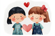 © tonstock - Adorable watercolor illustration of two smiling children with hearts, representing friendship and love.