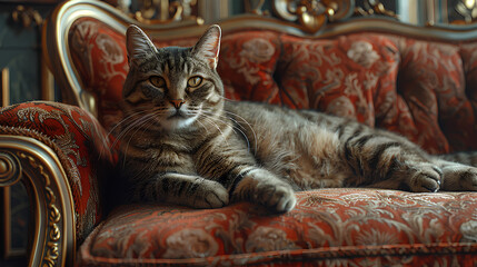 A cat is laying on a red couch