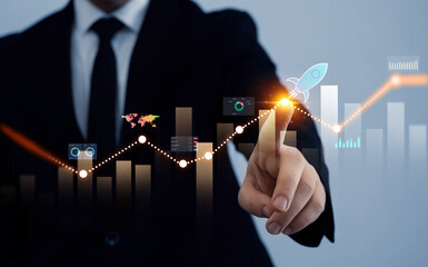 Leinwandbilder - Business arrow chart diagram, growth strategy and achieving goals with the rising arrow.Business strategy development and efficiency growthGrowing graph and annual report for a successful development.