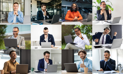 Aufkleber - Men are actively participating in online meetings within a contemporary office setting. Each individual is engaged with their laptop, showcasing a range of expressions from joy to determination