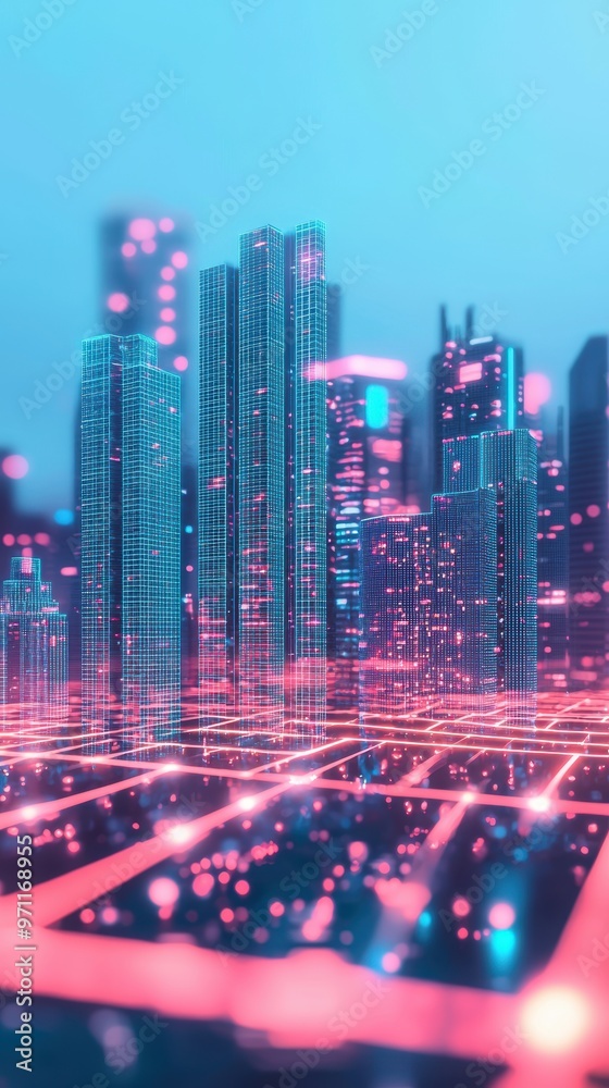 Futuristic neon cityscape with a digital grid and glowing skyscrapers ...