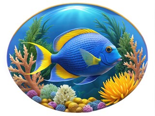 Wall Mural - Vibrant illustration of a bright blue fish with yellow fins and scales, swimming in a circle, surrounded by simple seaweed and coral elements.