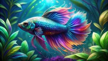 Vibrant illustration of a majestic betta fish swimming amidst lush seaweed, its iridescent scales shimmering in shades of blue, green, and purple.