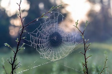 Morning dew on a spider web between two branches in a foggy forest.