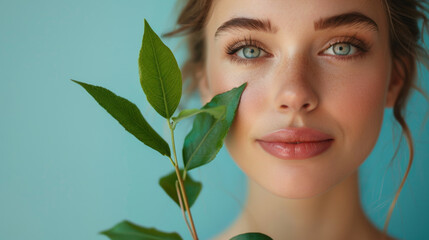 Young girl holding green leaf against blue background beauty fashion concept