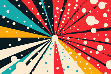 Poster - Vibrant abstract background with radial rays and scattered circles in retro pop-art style, featuring bold colors and dynamic patterns.