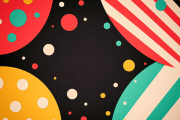 Poster - Vibrant abstract geometric background featuring colorful circles and stripes on a dark backdrop, perfect for modern aesthetic designs and creative projects.