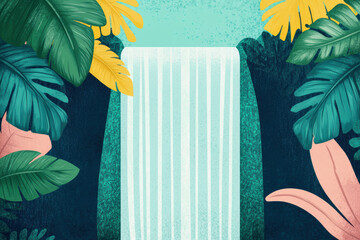 Wall Mural - Vibrant digital illustration of a waterfall surrounded by lush tropical foliage, featuring large green, yellow, and pink leaves in a serene nature scene.