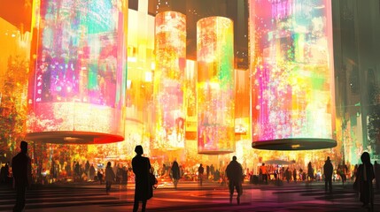 Wall Mural - A vibrant cityscape with illuminated pillars and silhouettes of people.