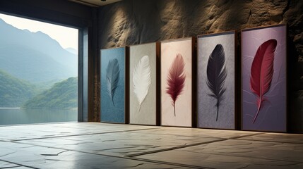 Poster - panel wall art, marble background with feather designs , wall decoration  