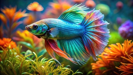 Vibrant marine betta fish swims amidst delicate seaweed and coral, its iridescent scales shimmering in shades of blue, green, and gold underwater.