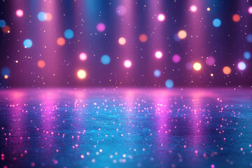 Poster - Vibrant abstract lights in purple and pink hues, creating a bokeh effect on a shiny floor, perfect for festive and creative backgrounds.