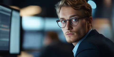 Poster - Focused young professional immersed in work. The image captures a modern workspace with technology. Stylish and serious, perfect for business or tech themes. AI.
