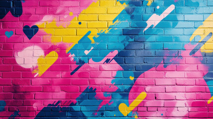 Wall Mural - Colorful abstract graffiti art on brick wall with vibrant pink, yellow, and blue paint strokes and heart shapes, perfect urban street art background.