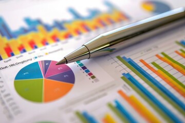 Poster - Businessman is analyzing marketing data displayed in colorful charts and pie charts