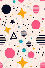 Poster - Vibrant abstract pattern with colorful geometric shapes, stars, and dots on a light background, perfect for artistic and design projects.