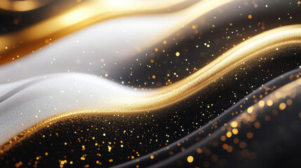 Poster - Abstract golden and white waves with glittering particles creating a luxury and festive atmosphere. Perfect for backgrounds and celebrations.