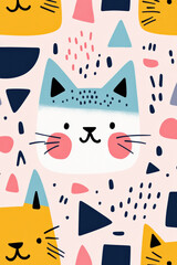 Poster - Colorful abstract pattern with cute cat faces, geometric shapes, playful design, perfect for kids room decor or wrapping paper.
