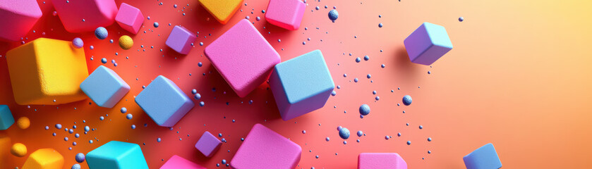 Poster - Colorful  cubes and spheres on a vibrant gradient background, creating a playful and dynamic abstract art composition.