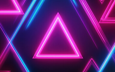 Poster - Vibrant neon lights forming geometric patterns with glowing pink and blue triangles against a dark background, creating a futuristic and dynamic design.