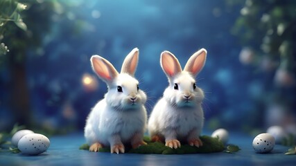 Wall Mural - cute bunny couple in a blue night background