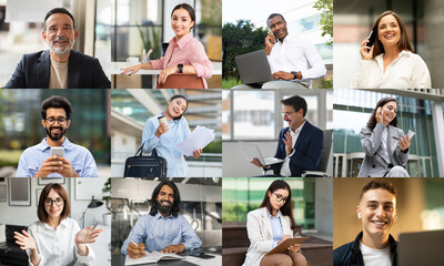 Aufkleber - A variety of professionals are depicted in a contemporary office environment, engaged in discussions and working diligently. Some individuals talking on mobile phones, while working on laptops