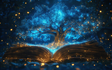 Wall Mural - a magical tree, illuminated with blue and golden lights, emerges from an open book, symbolizing the 