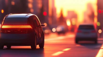 A sleek modern car navigating a bustling city street at sunset, showcasing urban life and dynamic traffic.