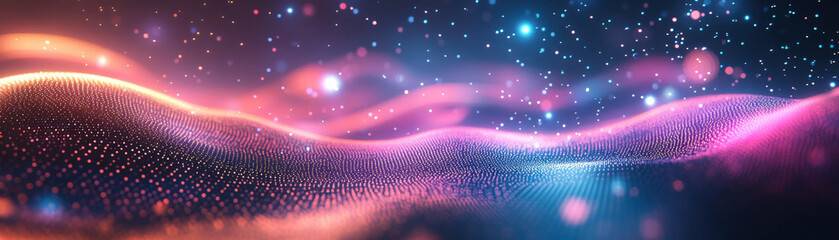 Poster - Abstract digital landscape of vibrant waves and particles in futuristic neon lights, representing technology, innovation, and dynamic energy.