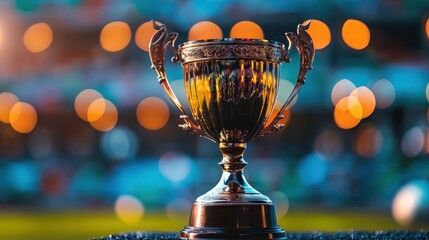 Shiny trophy on display during a sports tournament with crowd in the background and lights creating a festive atmosphere. Generative AI