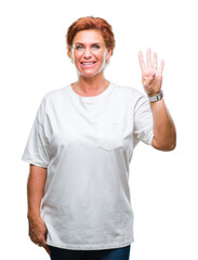 Wall Mural - Atrractive senior caucasian redhead woman over isolated background showing and pointing up with fingers number four while smiling confident and happy.