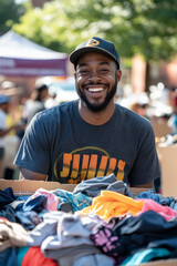 A joyful Black male volunteer, wearing a matching t-shirt and cap, poses with a donation box brimming with clothes. The scene is set in a well-organized donation drive space with banners and