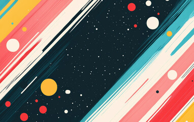 Poster - Vibrant abstract artwork with colorful diagonal stripes and circles of various sizes set against a dark background, creating a dynamic visual effect.