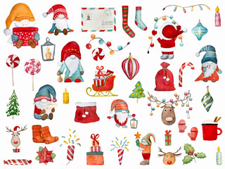 Christmas gnomes Santa Claus helpers winter watercoor drawings set with xmas socks and gifts. New year festive dwarfs collection with traditional decoration