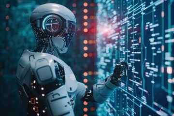 Poster - White robot is analyzing data on a futuristic digital screen