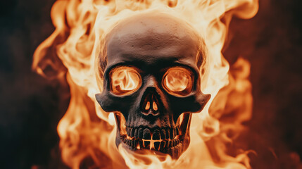 Poster - A striking image of a dark skull engulfed in vivid flames on a black background, embodying a sense of danger, death, and supernatural energy.