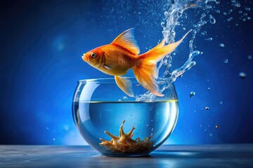 Vibrant orange goldfish leaps out of a clear glass bowl, water droplets splashing in mid-air, against a bright blue background with subtle gradient effect.