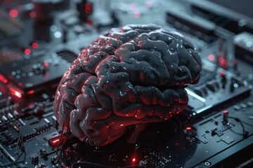 Poster - Human brain is connected to a futuristic motherboard, symbolizing artificial intelligence
